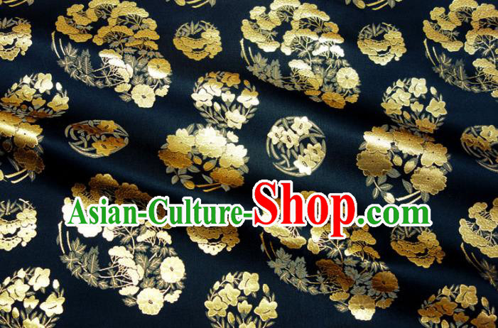 Asian Traditional Sakura Pine Pattern Design Brocade Japanese Kimono Fabric Nishijin Navy Tapestry Satin