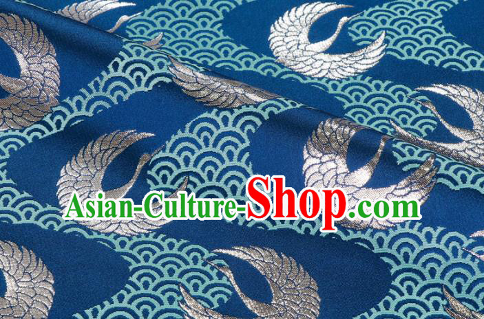 Asian Japanese Kimono Fabric Nishijin Tapestry Satin Traditional Crane Pattern Design Blue Brocade