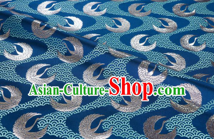 Asian Japanese Kimono Fabric Nishijin Tapestry Satin Traditional Crane Pattern Design Blue Brocade