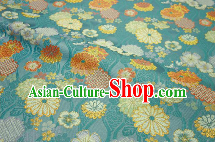 Japanese Traditional Chrysanthemum Pattern Design Brocade Asian Kimono Fabric Nishijin Blue Tapestry Satin