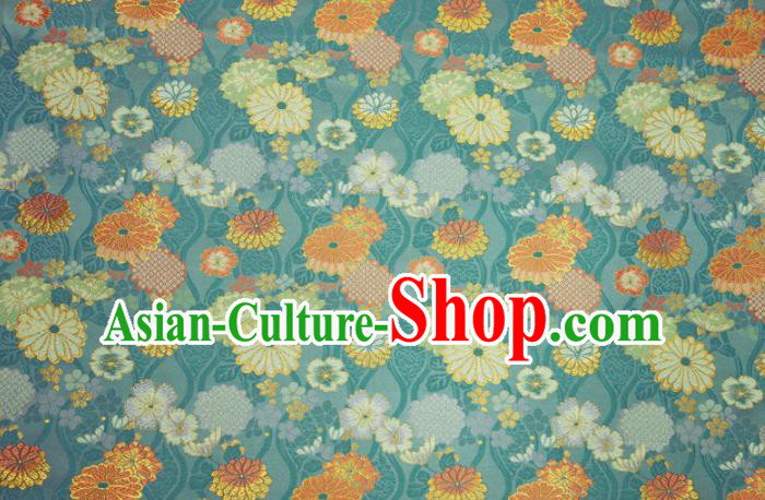 Japanese Traditional Chrysanthemum Pattern Design Brocade Asian Kimono Fabric Nishijin Blue Tapestry Satin