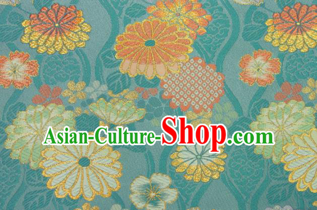 Japanese Traditional Chrysanthemum Pattern Design Brocade Asian Kimono Fabric Nishijin Blue Tapestry Satin