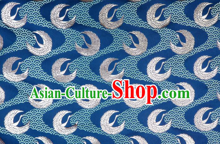 Asian Japanese Kimono Fabric Nishijin Tapestry Satin Traditional Crane Pattern Design Blue Brocade