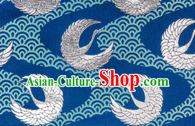 Asian Japanese Kimono Fabric Nishijin Tapestry Satin Traditional Crane Pattern Design Blue Brocade