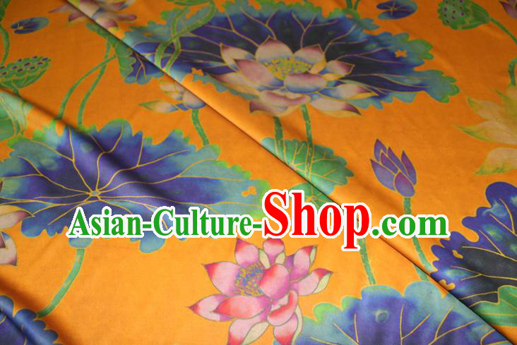 Chinese Classical Lotus Pattern Yellow Silk Drapery Traditional Gambiered Guangdong Gauze Cheongsam Satin Fabric