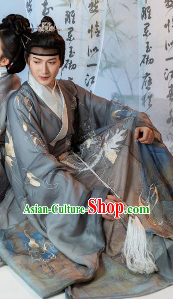 Ancient China Swordsman Embroidered Costumes Traditional Ming Dynasty Noble Childe Hanfu Clothing Grey Robe for Men