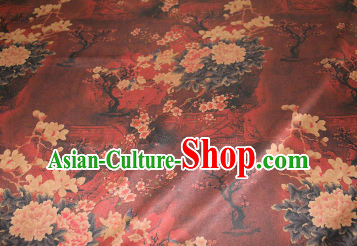 Chinese Classical Plum Peony Pattern Silk Drapery Traditional Gambiered Guangdong Gauze Cheongsam Red Satin Fabric