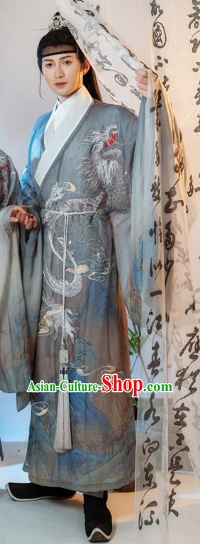 Ancient China Swordsman Embroidered Costumes Traditional Ming Dynasty Noble Childe Hanfu Clothing Grey Robe for Men