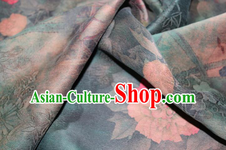 Chinese Classical Lotus Flowers Pattern Silk Drapery Traditional Gambiered Guangdong Gauze Cheongsam Dark Green Satin Fabric