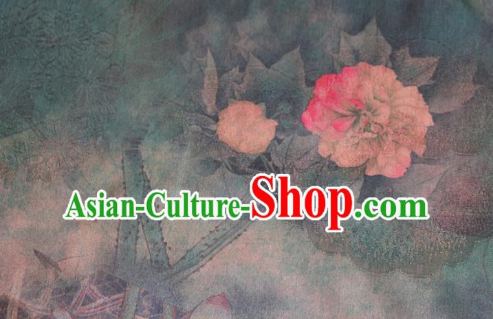 Chinese Classical Lotus Flowers Pattern Silk Drapery Traditional Gambiered Guangdong Gauze Cheongsam Dark Green Satin Fabric