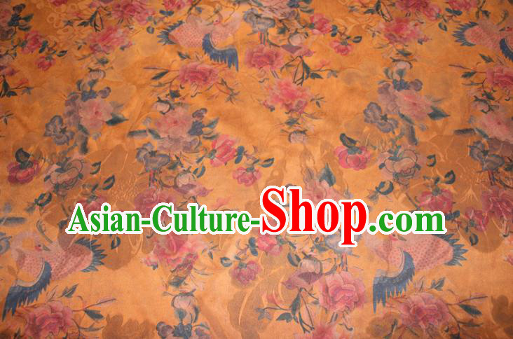 Chinese Classical Crane Peony Pattern Silk Drapery Traditional Gambiered Guangdong Gauze Cheongsam Yellow Satin Fabric