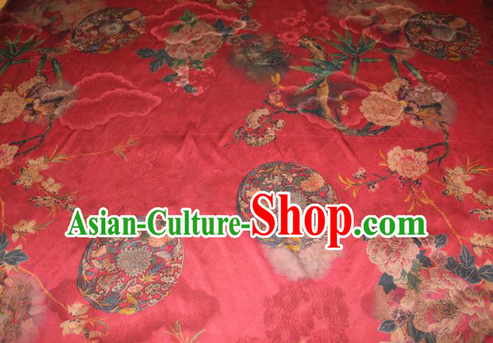 Chinese Classical Peony Chrysanthemum Pattern Silk Drapery Traditional Gambiered Guangdong Gauze Cheongsam Red Satin Fabric