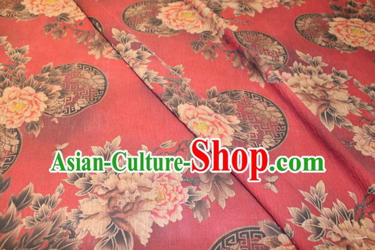 Chinese Classical Peony Pattern Silk Drapery Traditional Gambiered Guangdong Gauze Cheongsam Red Satin Fabric