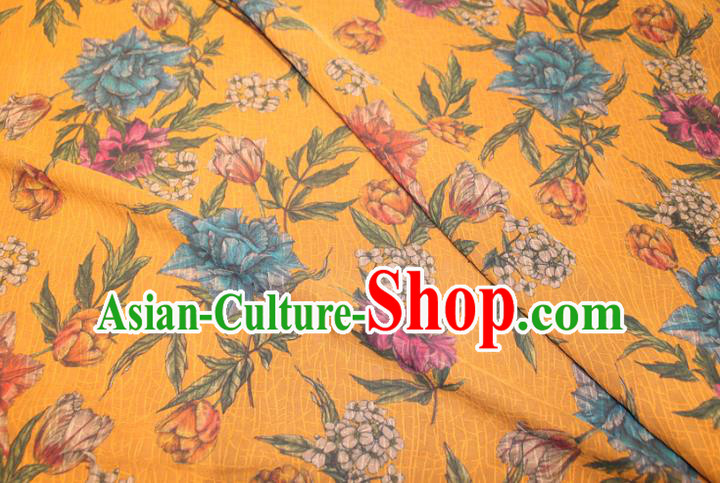Chinese Classical Flowers Pattern Silk Drapery Traditional Gambiered Guangdong Gauze Cheongsam Yellow Satin Fabric