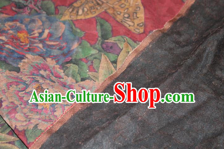 Chinese Classical Peony Butterfly Pattern Silk Drapery Traditional Gambiered Guangdong Gauze Cheongsam Red Satin Fabric