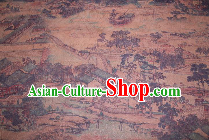 Chinese Cheongsam Ginger Satin Fabric Traditional Ginger Gambiered Guangdong Gauze Classical Scenery Pattern Silk Drapery