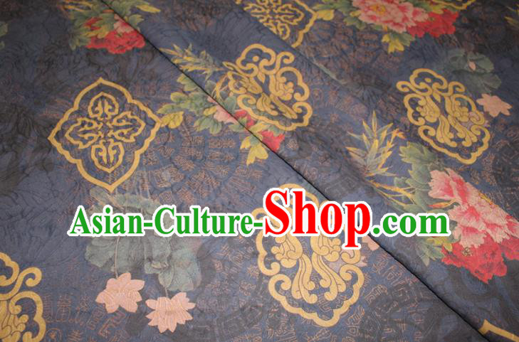 Chinese Cheongsam Navy Satin Fabric Traditional Ginger Gambiered Guangdong Gauze Classical Peony Flowers Pattern Silk Drapery