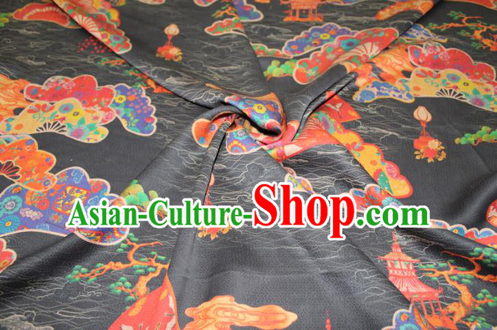 Chinese Traditional Black Gambiered Guangdong Gauze Cheongsam Satin Fabric Classical Palace Fan Pattern Silk Drapery