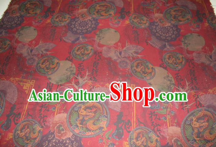 Chinese Cheongsam Red Satin Fabric Traditional Gambiered Guangdong Gauze Classical Bamboo Dragon Pattern Silk Drapery