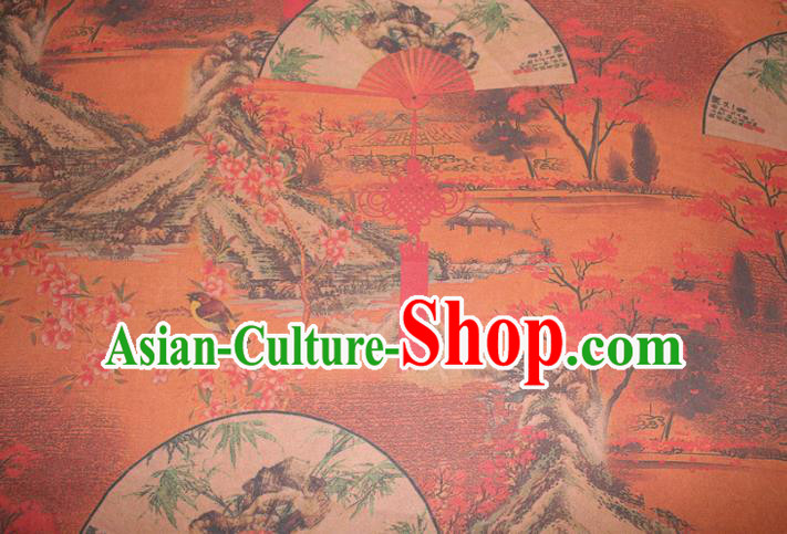 Chinese Cheongsam Orange Satin Fabric Traditional Gambiered Guangdong Gauze Classical Peach Blossom Fan Pattern Silk Drapery