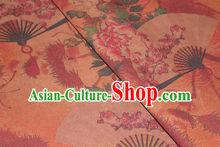 Chinese Cheongsam Orange Satin Fabric Traditional Gambiered Guangdong Gauze Classical Peony Fan Pattern Silk Drapery