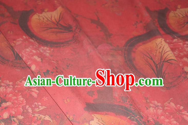 Chinese Cheongsam Satin Fabric Traditional Gambiered Guangdong Gauze Classical Orchids Peony Pattern Red Silk Drapery