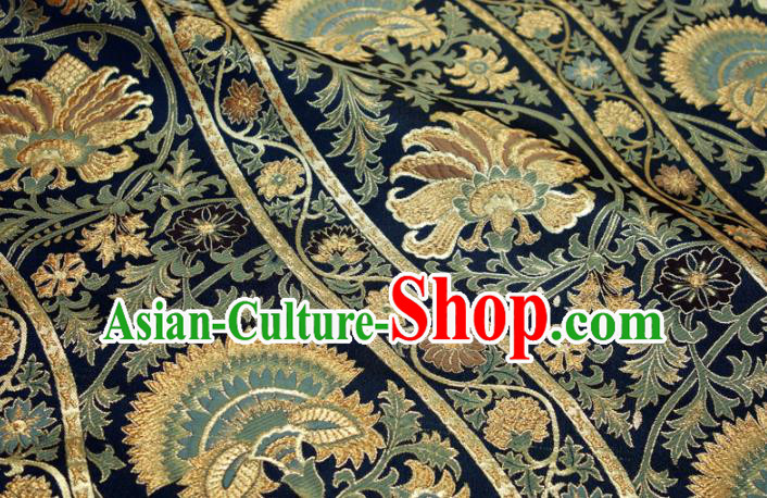 Asian Japanese Nishijin Tapestry Satin Traditional Flowers Pattern Design Navy Brocade Kimono Fabric