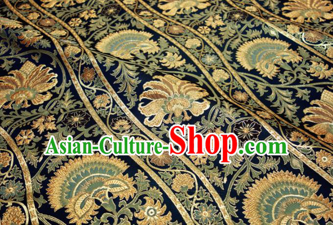 Asian Japanese Nishijin Tapestry Satin Traditional Flowers Pattern Design Navy Brocade Kimono Fabric