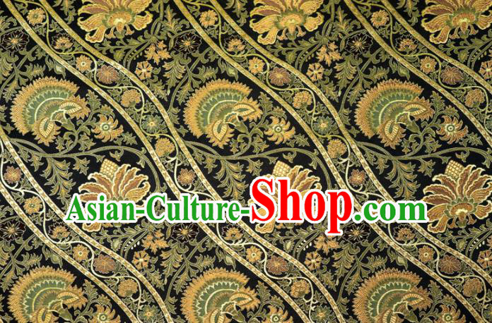 Asian Japanese Nishijin Tapestry Satin Traditional Flowers Pattern Design Navy Brocade Kimono Fabric