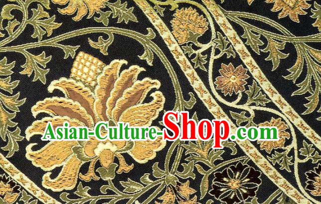 Asian Japanese Nishijin Tapestry Satin Traditional Flowers Pattern Design Navy Brocade Kimono Fabric