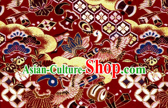 Asian Japanese Nishijin Tapestry Satin Kimono Fabric Traditional Crane Pattern Design Red Brocade