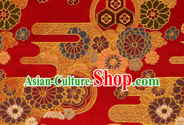 Asian Traditional Chrysanthemum Pattern Design Red Brocade Japanese Kimono Cloth Fabric Nishijin Tapestry Satin