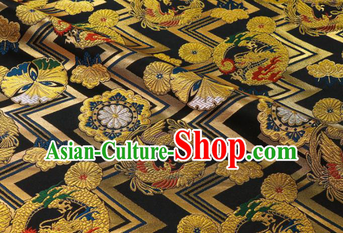 Asian Traditional Dragon Chrysanthemum Pattern Design Brocade Japanese Kimono Cloth Fabric Nishijin Black Tapestry Satin