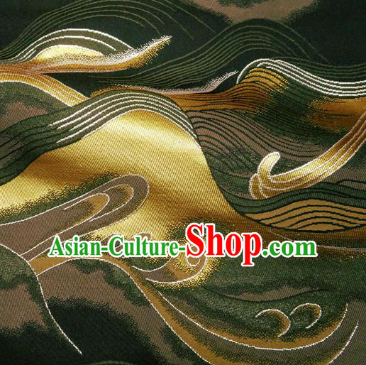 Asian Traditional Wave Pattern Design Brocade Japanese Kimono Nishijin Tapestry Satin Black Cloth Fabric