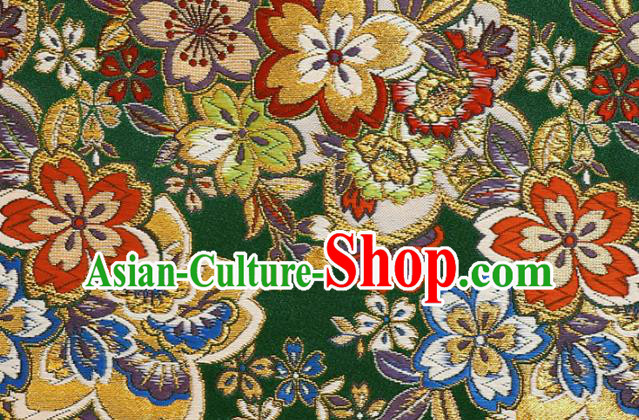 Asian Kimono Green Damask Nishijin Tapestry Satin Fabric Traditional Sakura Pattern Design Brocade Japanese Cloth