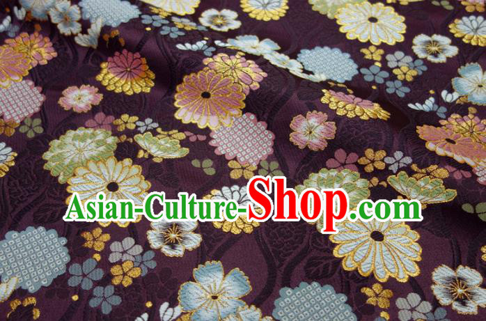 Asian Traditional Chrysanthemum Pattern Design Brocade Japanese Cloth Kimono Purple Damask Nishijin Tapestry Satin Fabric
