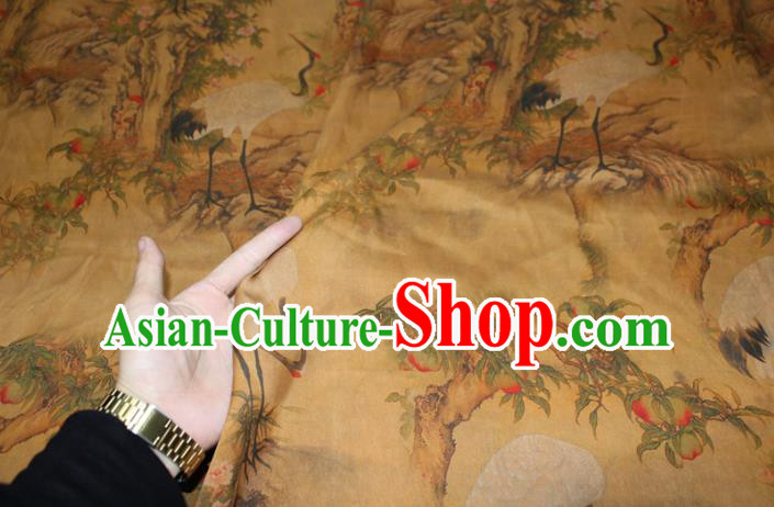 Chinese Classical Crane Peach Pattern Silk Drapery Yellow Silk Fabric Traditional Cheongsam Gambiered Guangdong Gauze