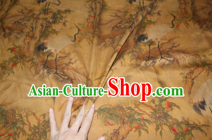 Chinese Classical Crane Peach Pattern Silk Drapery Yellow Silk Fabric Traditional Cheongsam Gambiered Guangdong Gauze