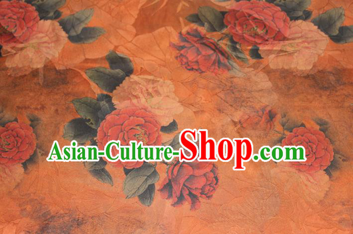 Chinese Traditional Cheongsam Gambiered Guangdong Gauze Silk Fabric Classical Peony Pattern Orange Silk Drapery