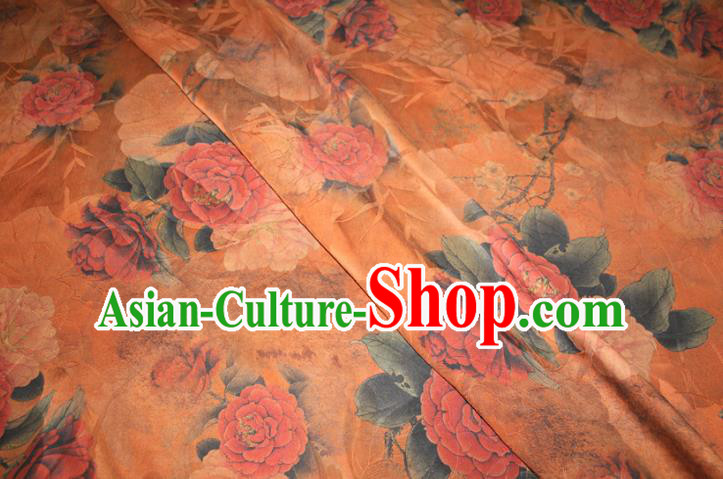 Chinese Traditional Cheongsam Gambiered Guangdong Gauze Silk Fabric Classical Peony Pattern Orange Silk Drapery