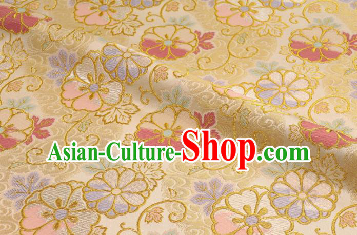 Asian Japanese Yellow Nishijin Tapestry Satin Traditional Sakura Pattern Design Brocade Kimono Cloth Fabric