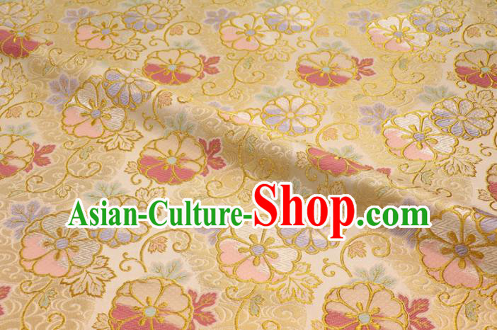 Asian Japanese Yellow Nishijin Tapestry Satin Traditional Sakura Pattern Design Brocade Kimono Cloth Fabric
