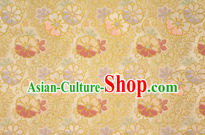 Asian Japanese Yellow Nishijin Tapestry Satin Traditional Sakura Pattern Design Brocade Kimono Cloth Fabric