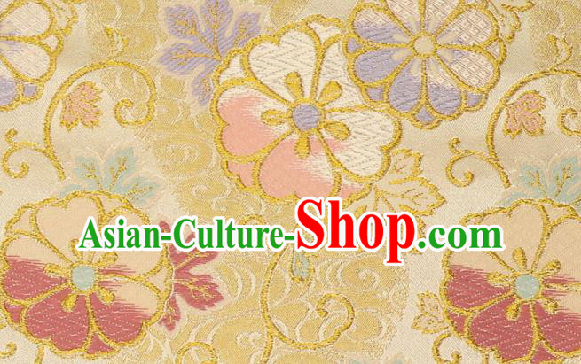 Asian Japanese Yellow Nishijin Tapestry Satin Traditional Sakura Pattern Design Brocade Kimono Cloth Fabric