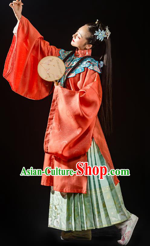 China Ancient Ming Dynasty Royal Princess Historical Costume Traditional Hanfu Clothing Noble Lady Red Gown and Skirt Full Set