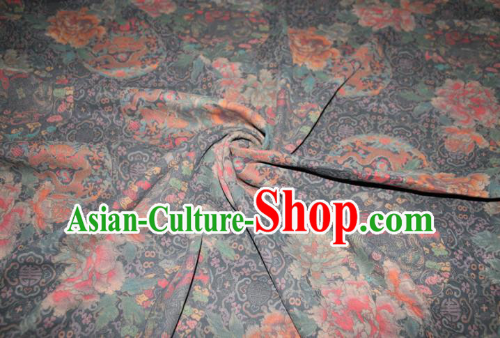 Chinese Traditional Cheongsam Satin Fabric Gambiered Guangdong Gauze Classical Peony Dragon Pattern Black Silk Drapery