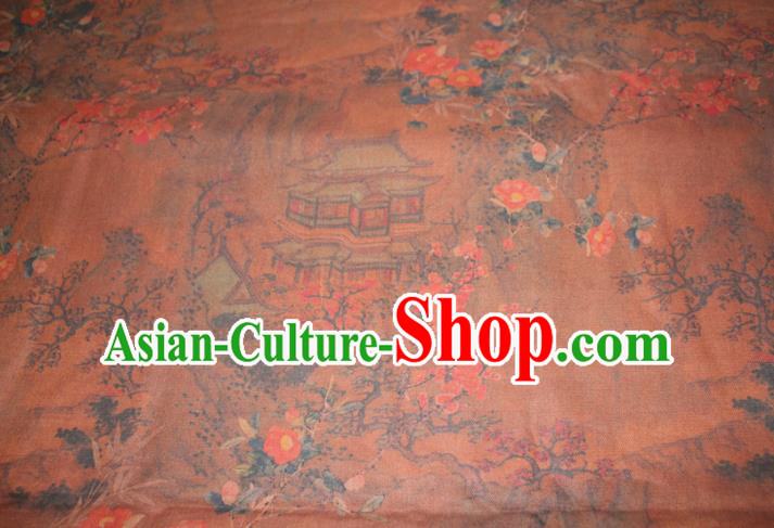 Chinese Traditional Ginger Gambiered Guangdong Gauze Cheongsam Satin Fabric Classical Plum Pavilion Pattern Silk Drapery