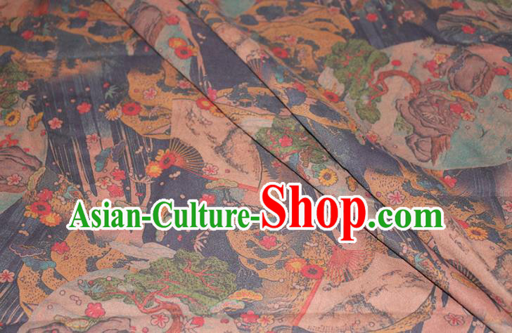 Chinese Traditional Gambiered Guangdong Gauze Cheongsam Satin Fabric Classical Plum Fan Dragon Pattern Navy Silk Drapery