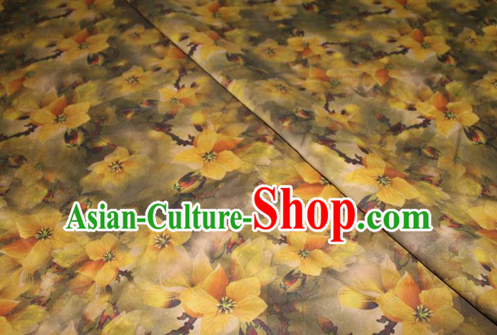 Chinese Traditional Olive Green Gambiered Guangdong Gauze Cheongsam Satin Fabric Classical Yellow Flowers Pattern Silk Drapery