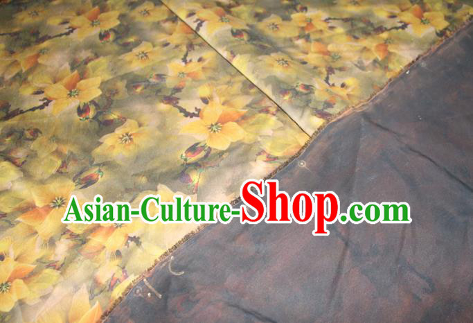Chinese Traditional Olive Green Gambiered Guangdong Gauze Cheongsam Satin Fabric Classical Yellow Flowers Pattern Silk Drapery